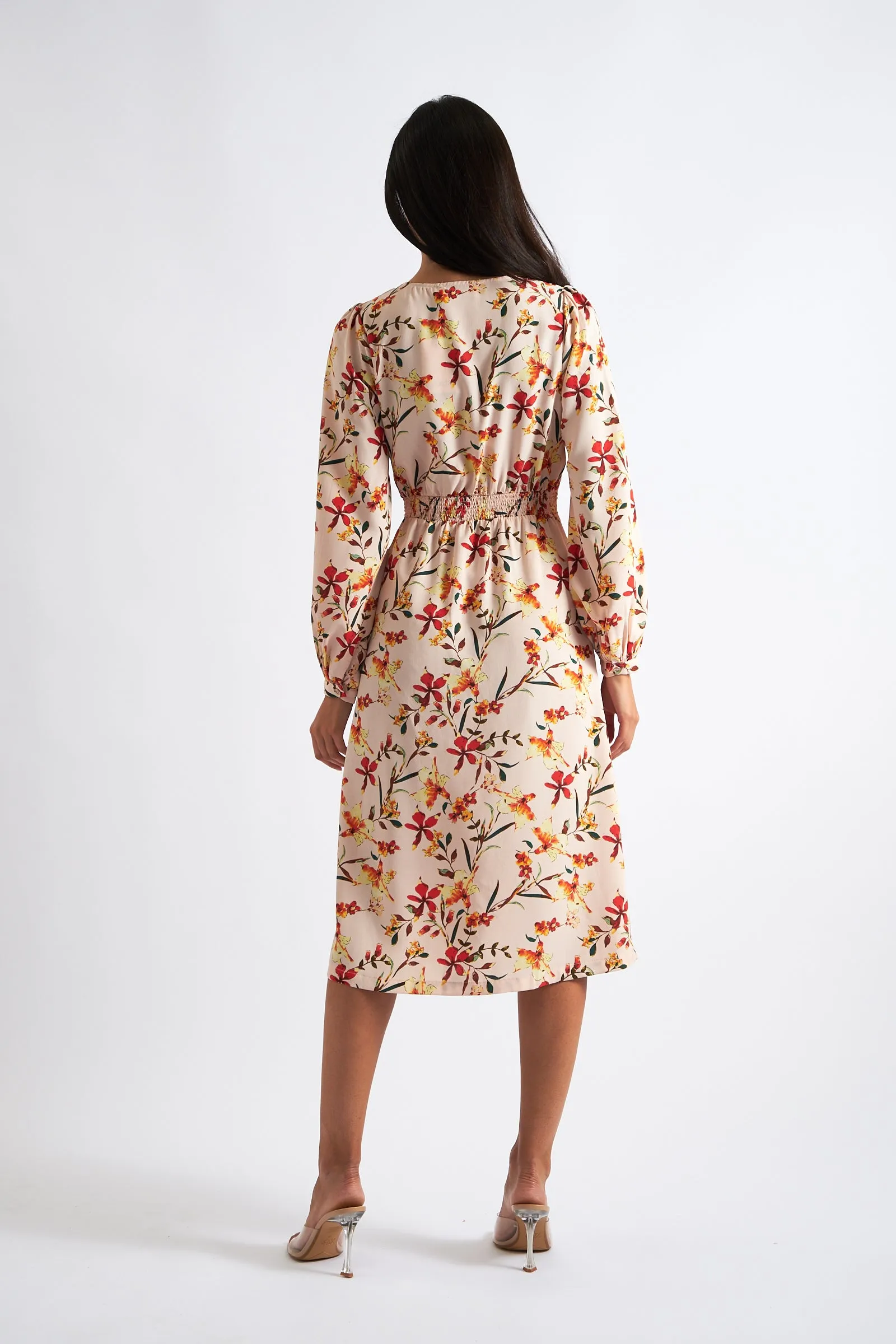 Cinnamon Flower Print Midi Wrap Dress