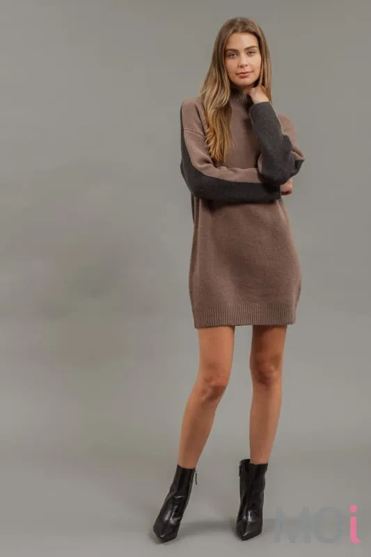 Color Block Mock Neck Sweater Dress