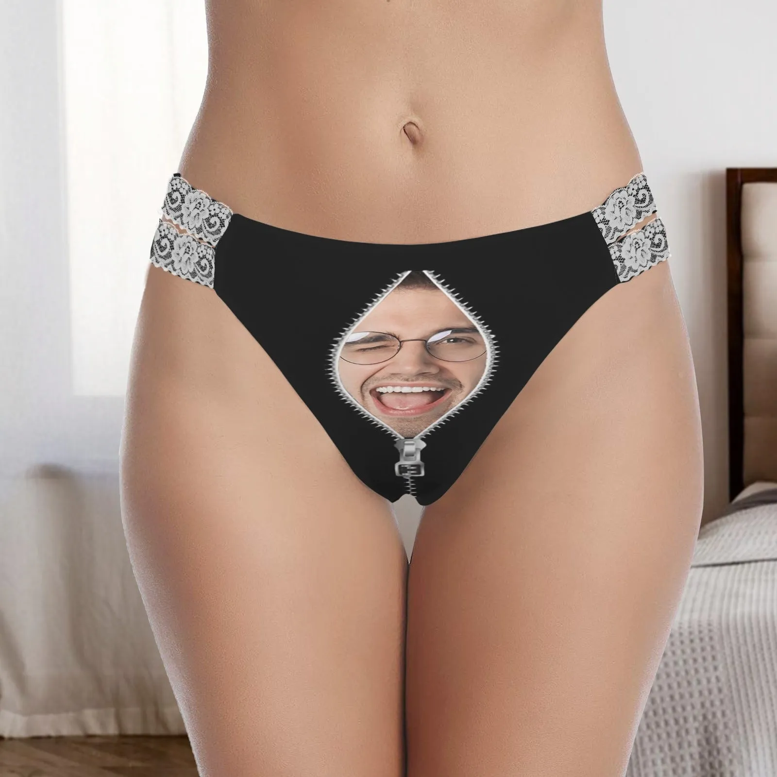 Custom Face Zipper Women's High Cut Lace Underwear Personalized Underwear Panties for Women