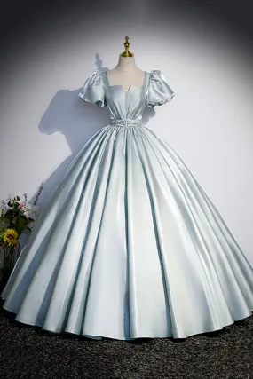 Cute Satin Floor Length Prom Dress, A-Line Short Sleeve Evening Party Dress