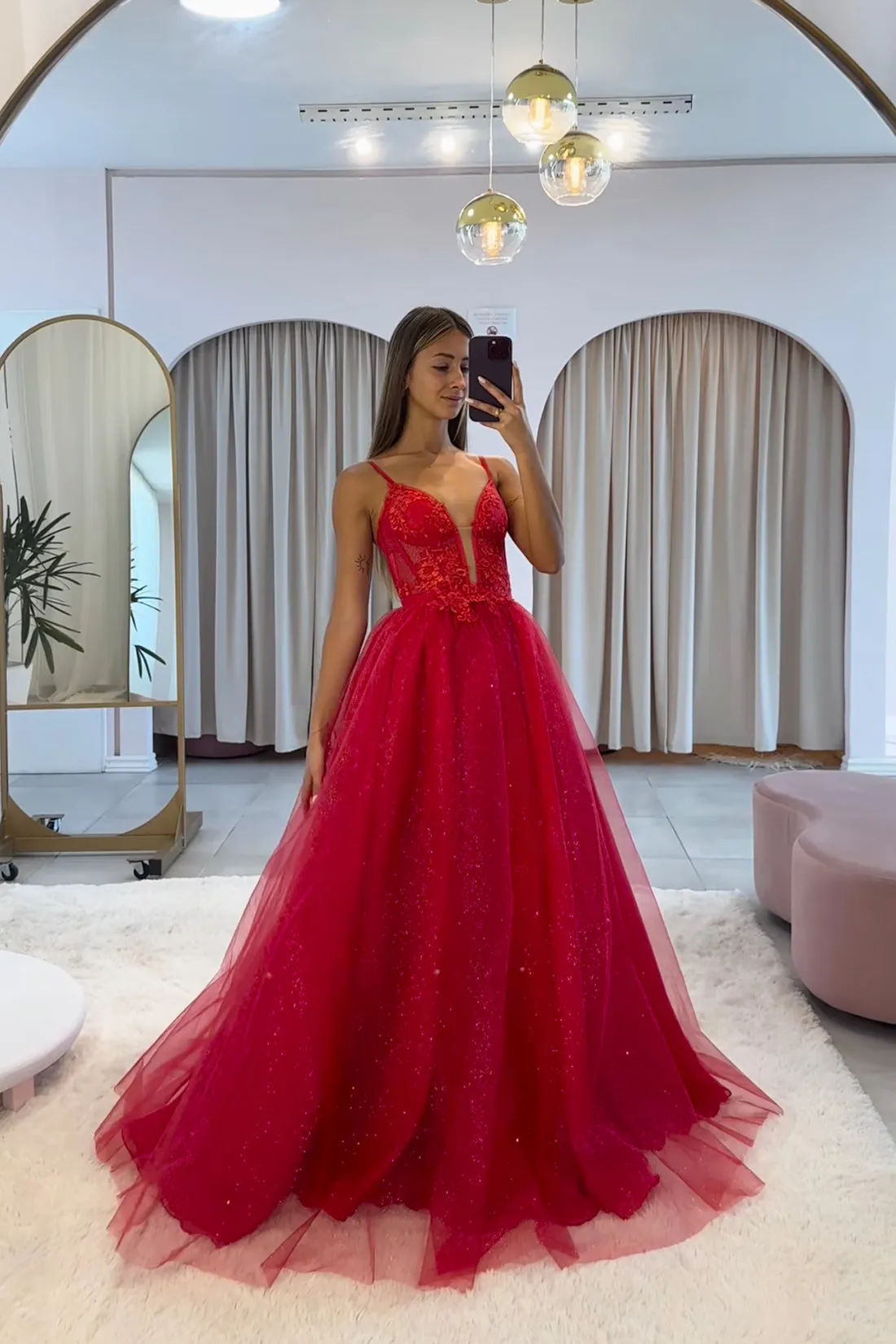 Dark Red V-Neck Tulle Spaghetti Strap Long Prom Dress with Lace