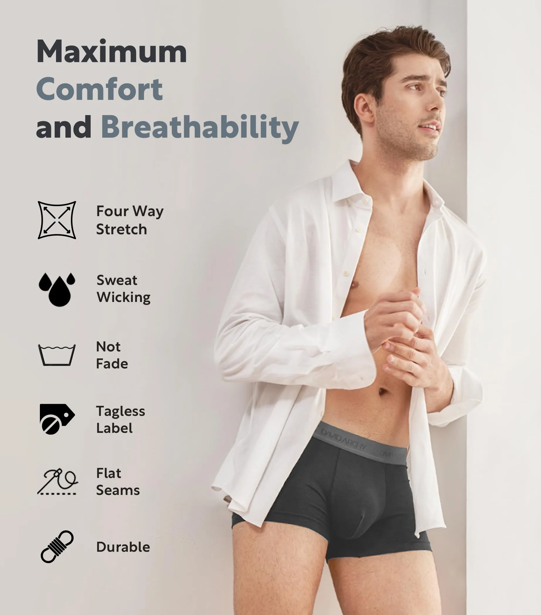 DAVID ARCHY Mens Trunks Underwear Soft Breathable Rayon Made from Bamboo Trunk No Fly Pouch 4-Pack L 3''