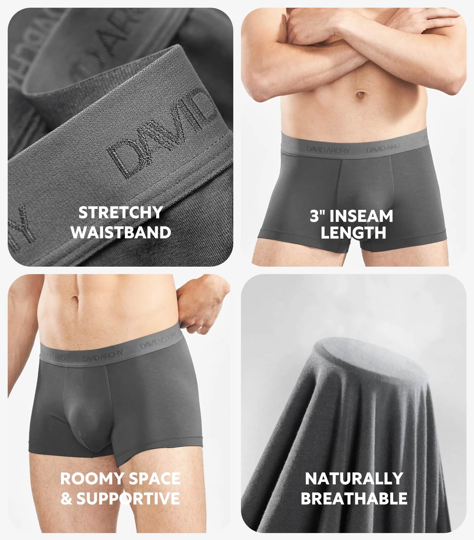 DAVID ARCHY Mens Trunks Underwear Soft Breathable Rayon Made from Bamboo Trunk No Fly Pouch 4-Pack L 3''