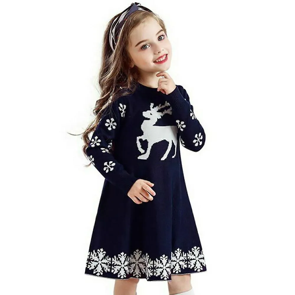 Dresses Girl Kids Christmas Xmas Elk Print Skater Jumper Dress Long Sleeve Sweater No3896