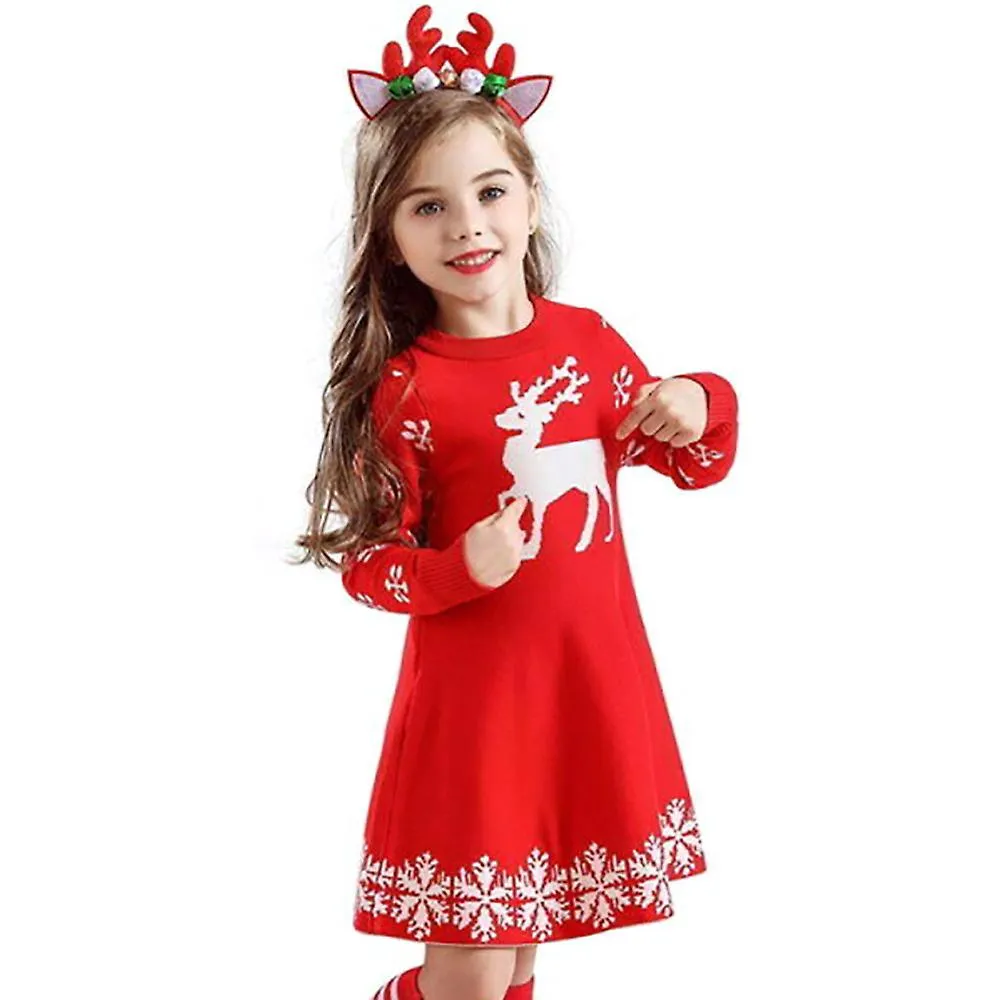Dresses Girl Kids Christmas Xmas Elk Print Skater Jumper Dress Long Sleeve Sweater No3896