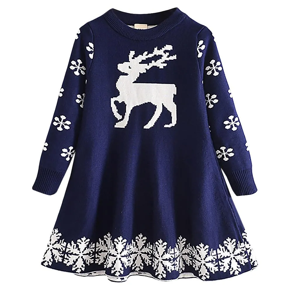 Dresses Girl Kids Christmas Xmas Elk Print Skater Jumper Dress Long Sleeve Sweater No3896
