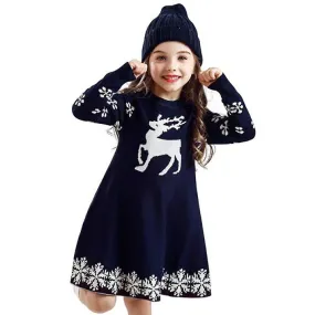 Dresses Girl Kids Christmas Xmas Elk Print Skater Jumper Dress Long Sleeve Sweater No3896