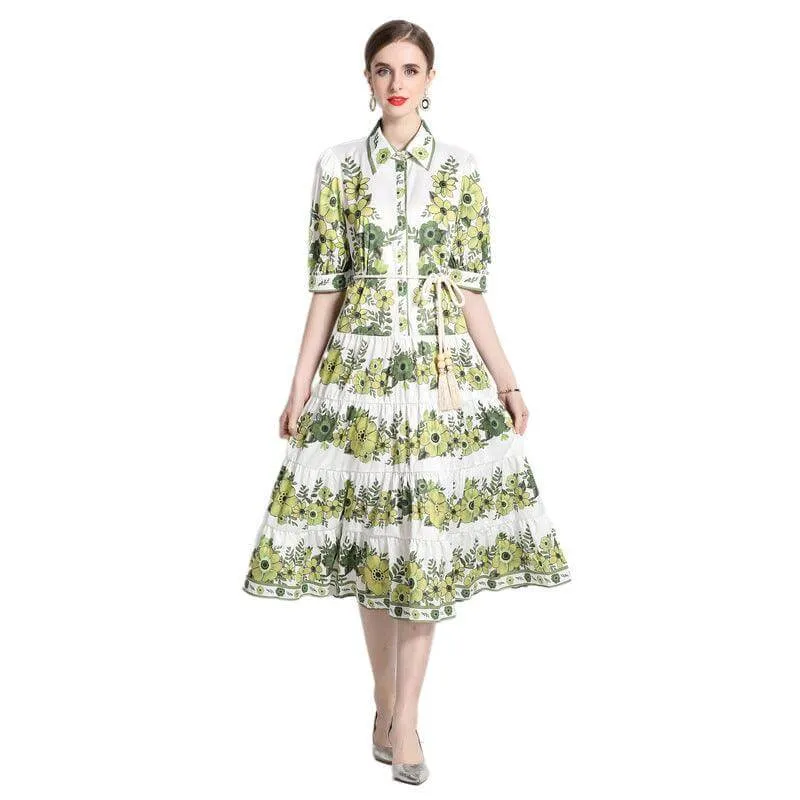 Elegant Green Lace-Up Midi Dress with Pleated Hem and Casual Fit