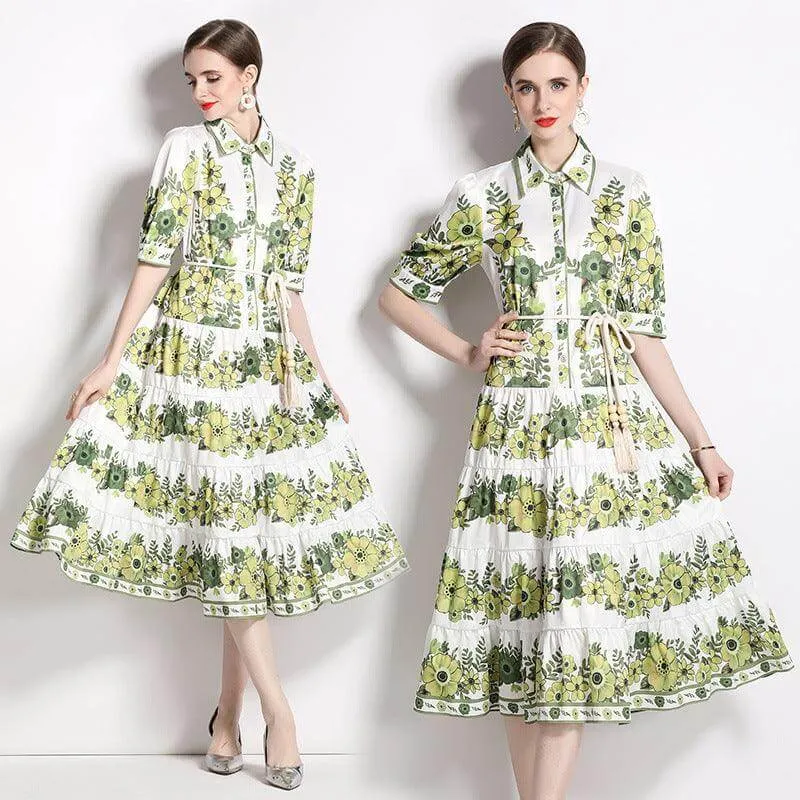 Elegant Green Lace-Up Midi Dress with Pleated Hem and Casual Fit