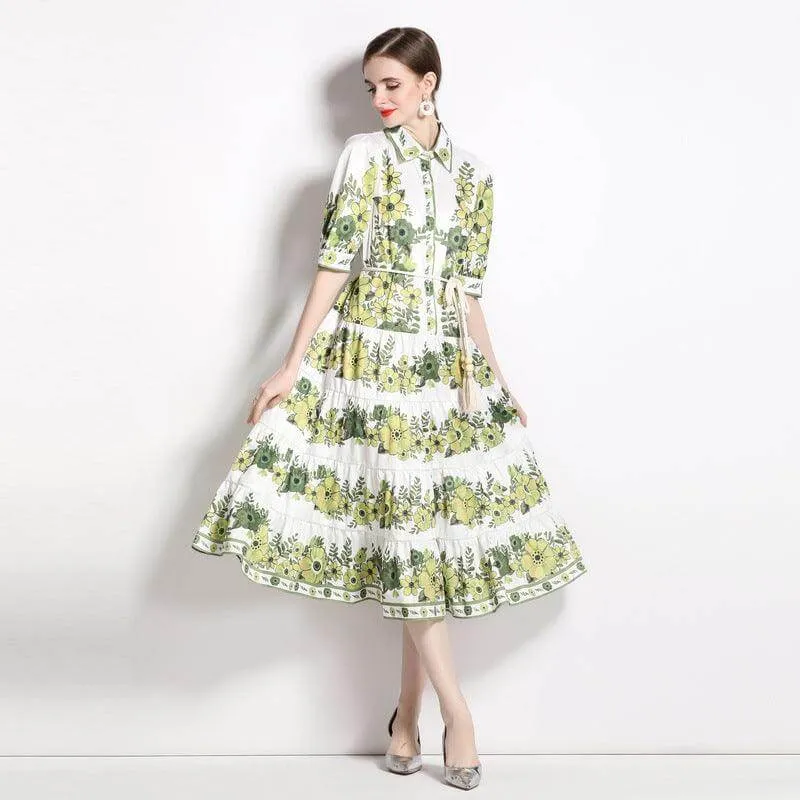 Elegant Green Lace-Up Midi Dress with Pleated Hem and Casual Fit