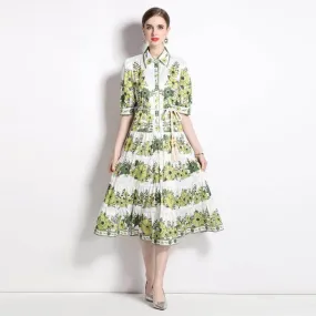 Elegant Green Lace-Up Midi Dress with Pleated Hem and Casual Fit