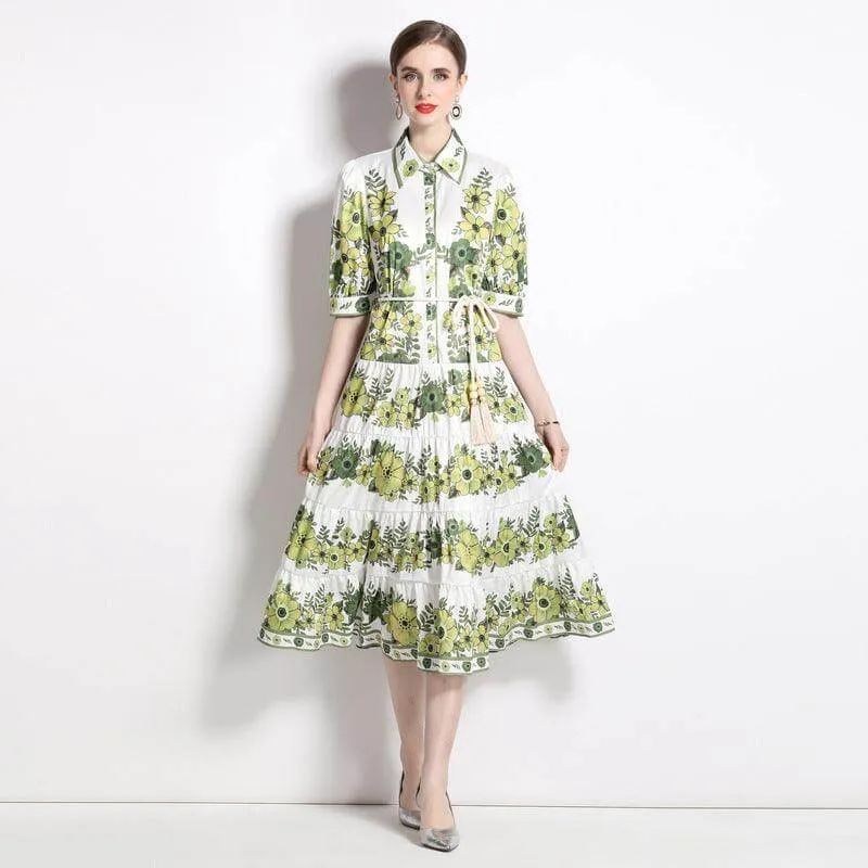 Elegant Green Lace-Up Midi Dress with Pleated Hem and Casual Fit