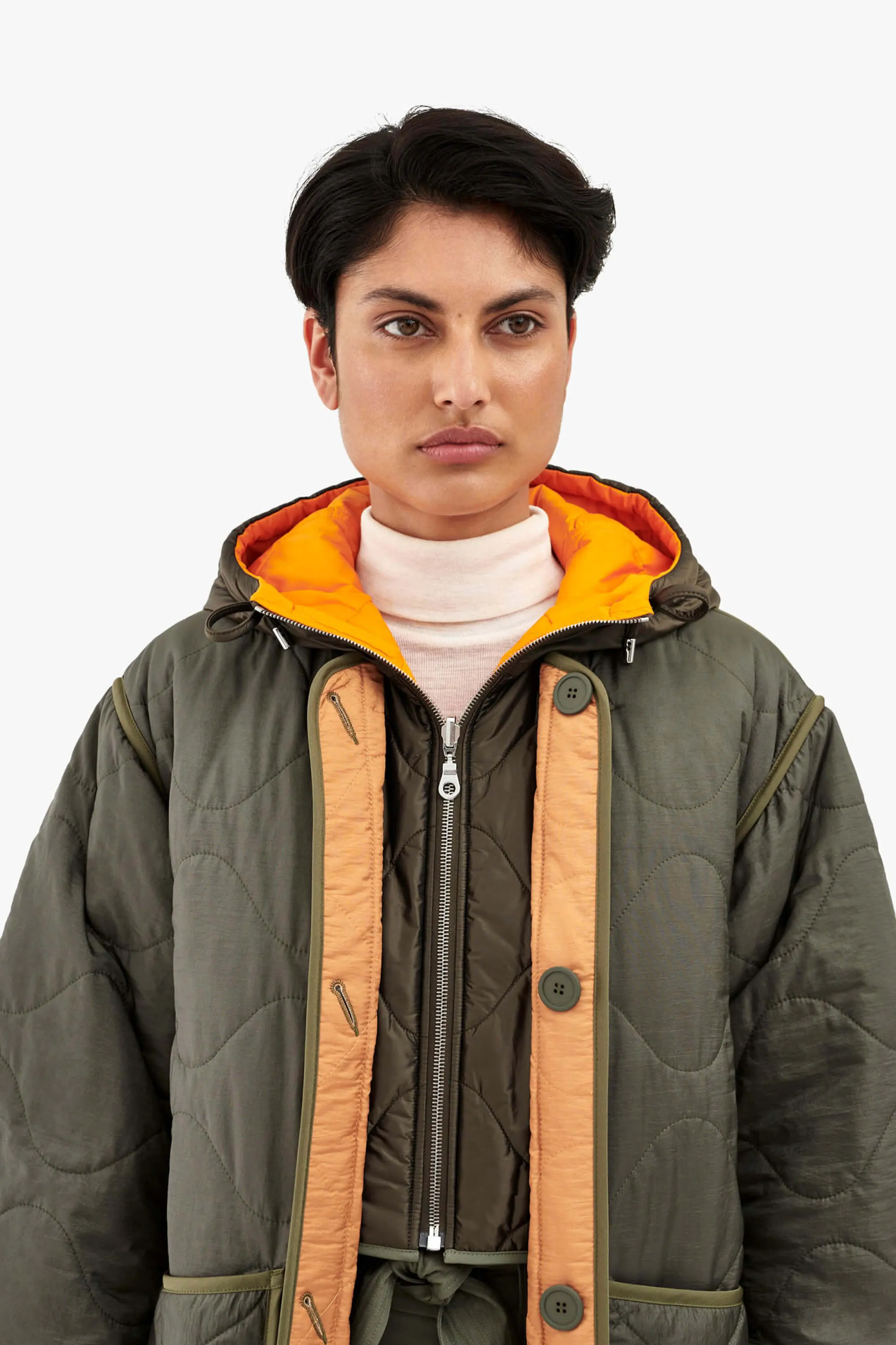 Elements Quilt Zip Hood - Peat / Clementine