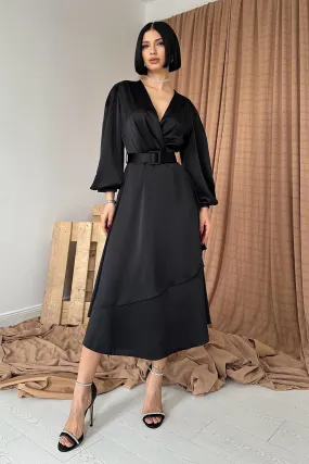 ELS Wrap Neck Satin Dress - Black - Grosseto