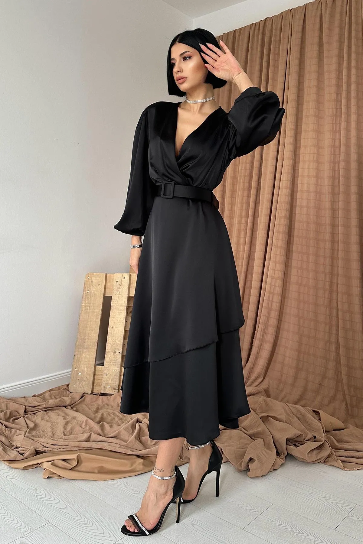 ELS Wrap Neck Satin Dress - Black - Grosseto