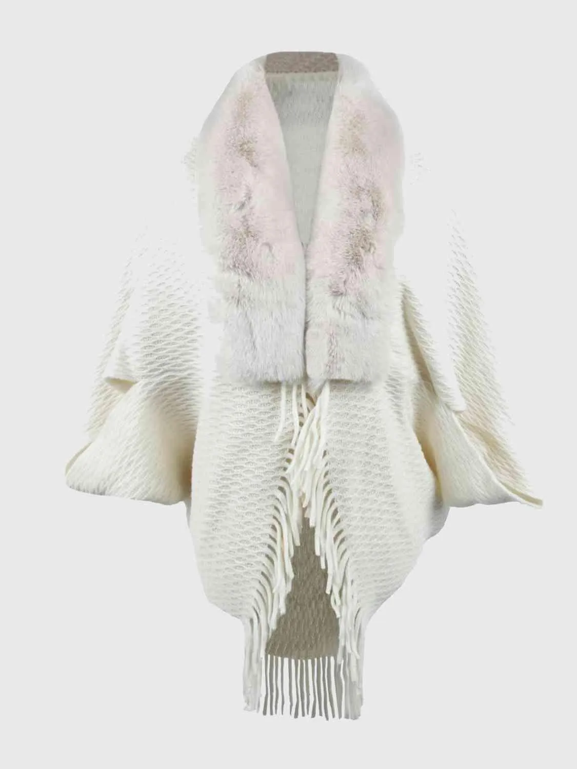 Epic Winter Fringe Hem Faux Fur Trim Poncho
