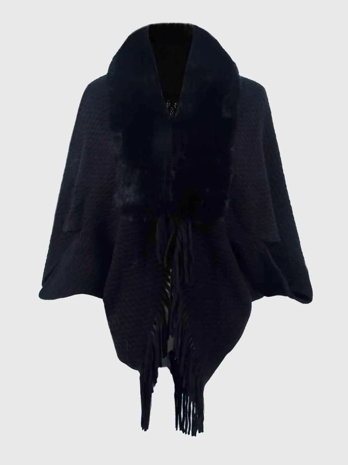 Epic Winter Fringe Hem Faux Fur Trim Poncho