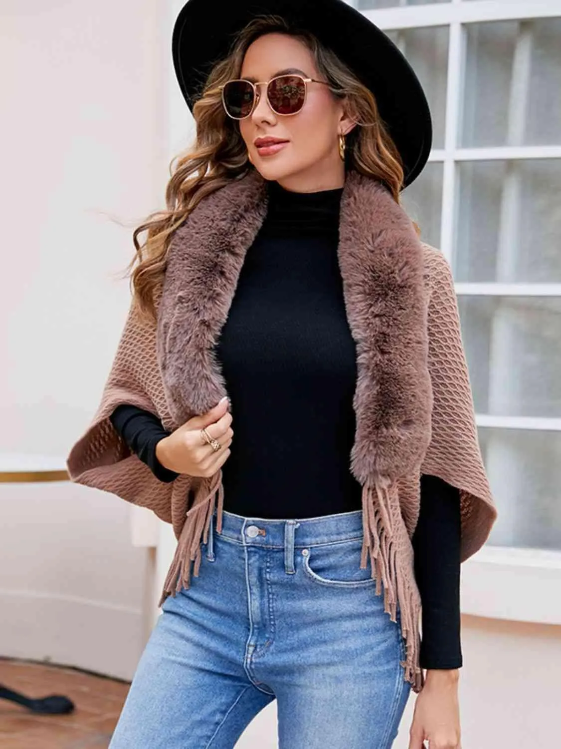 Epic Winter Fringe Hem Faux Fur Trim Poncho
