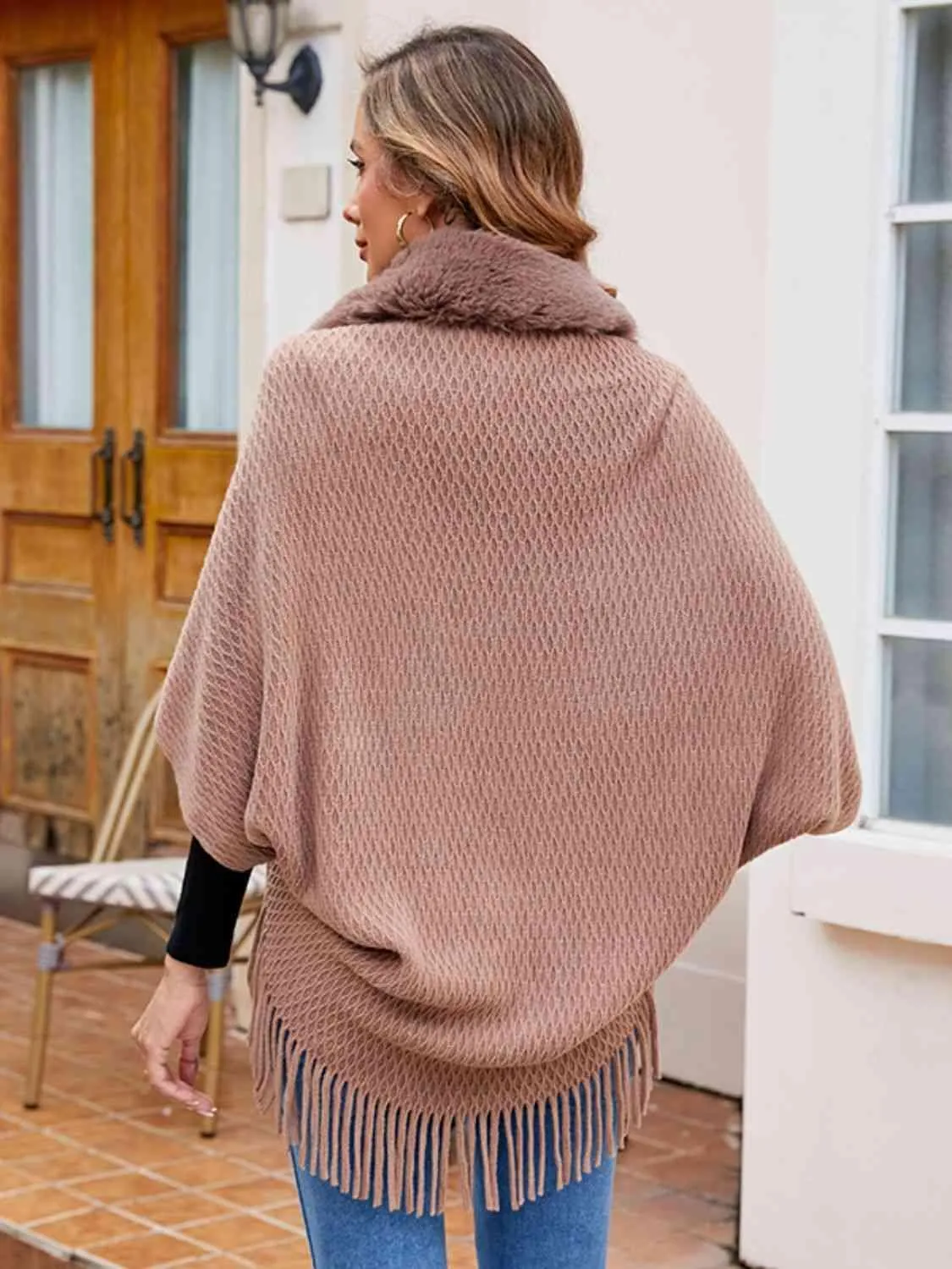 Epic Winter Fringe Hem Faux Fur Trim Poncho