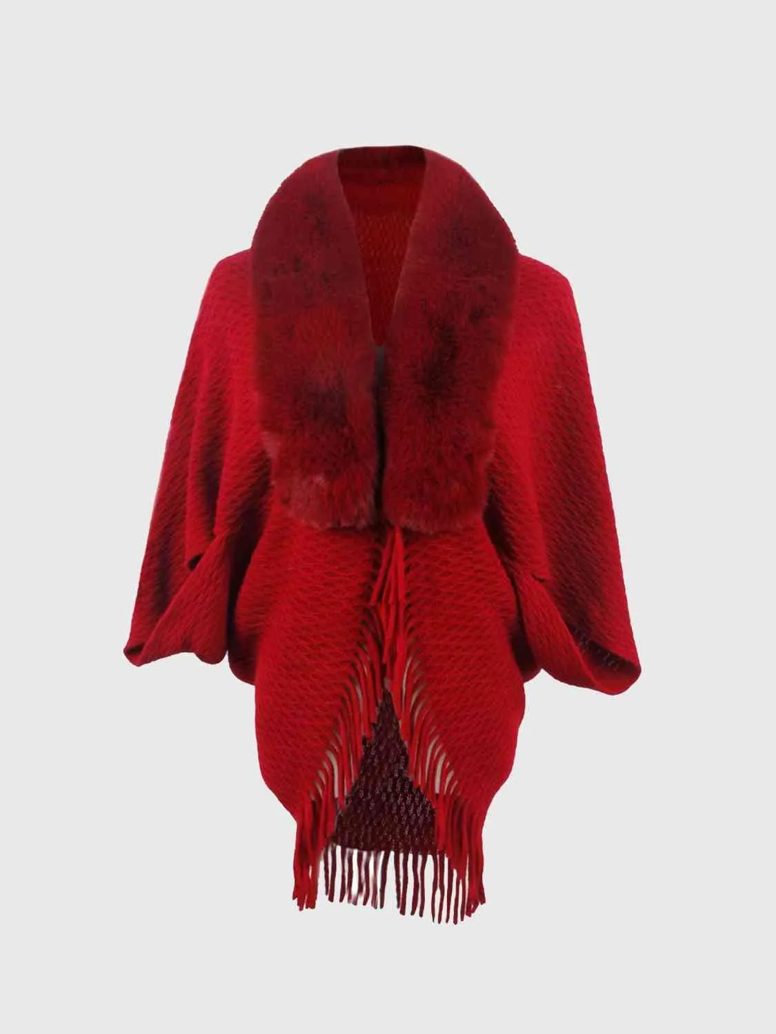 Epic Winter Fringe Hem Faux Fur Trim Poncho
