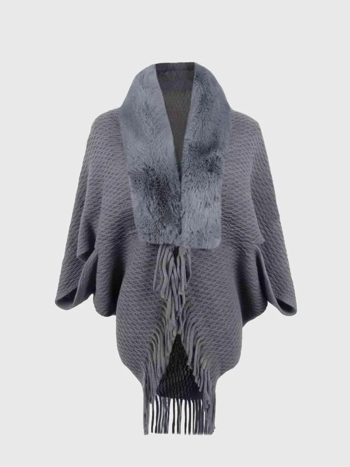 Epic Winter Fringe Hem Faux Fur Trim Poncho