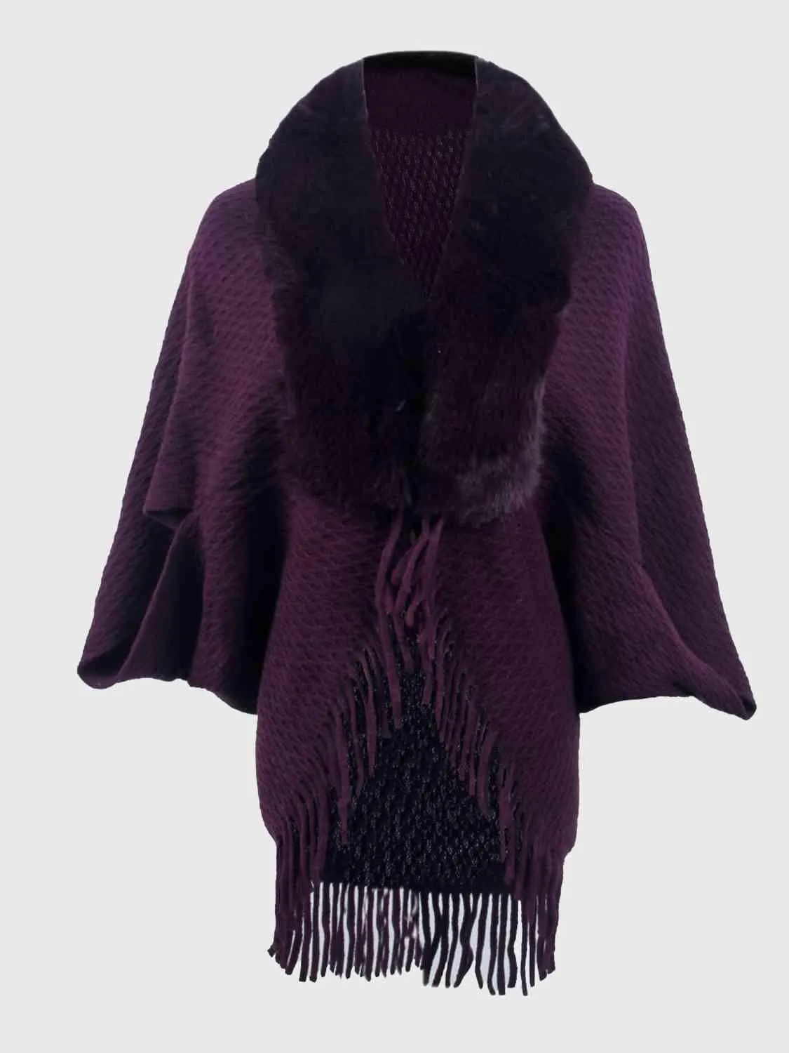 Epic Winter Fringe Hem Faux Fur Trim Poncho