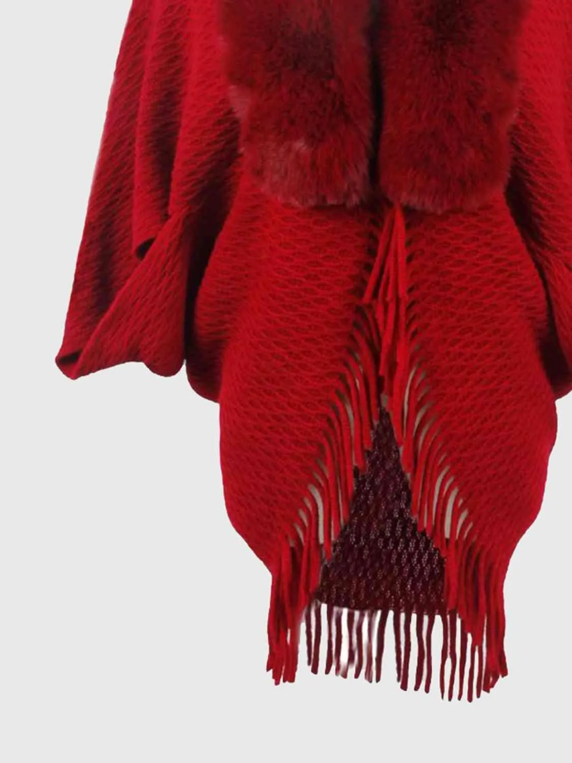 Epic Winter Fringe Hem Faux Fur Trim Poncho