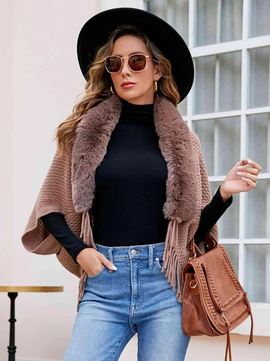 Epic Winter Fringe Hem Faux Fur Trim Poncho