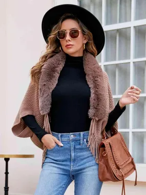Epic Winter Fringe Hem Faux Fur Trim Poncho