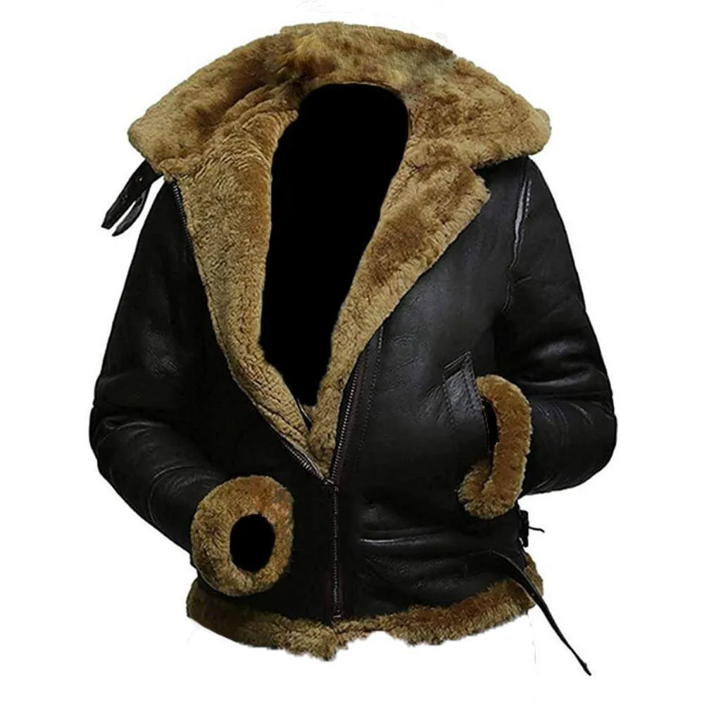 F011 Women Aviator Hooded B3 Bomber Fur Shearling Real Sheepskin Leather Jacket