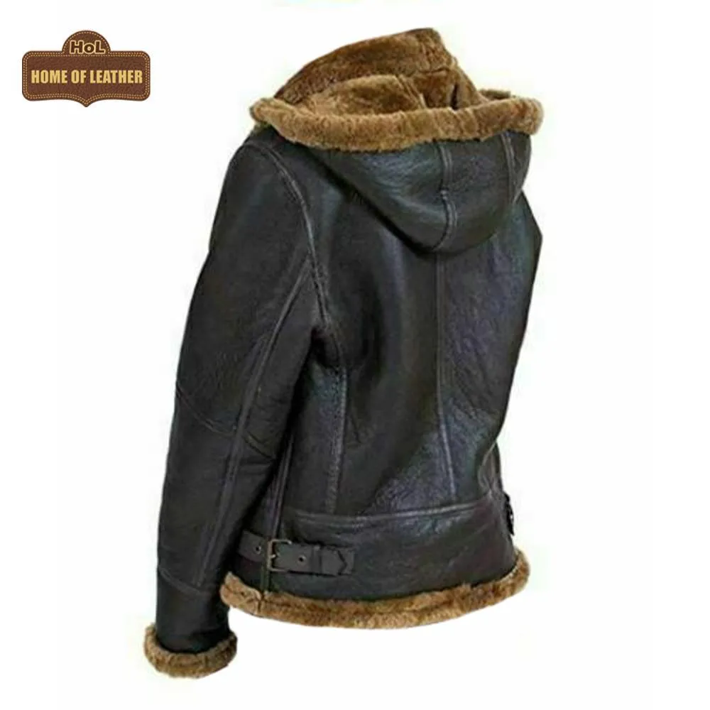 F011 Women Aviator Hooded B3 Bomber Fur Shearling Real Sheepskin Leather Jacket
