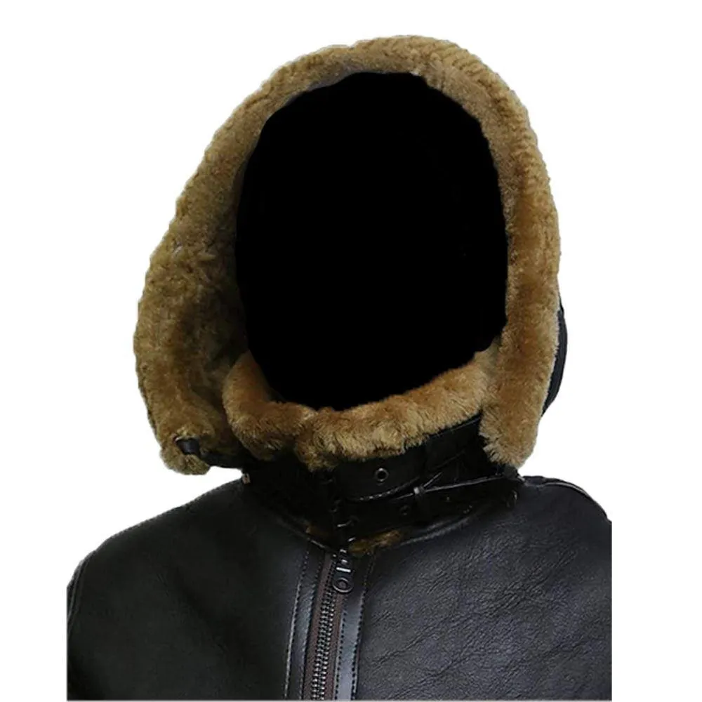 F011 Women Aviator Hooded B3 Bomber Fur Shearling Real Sheepskin Leather Jacket