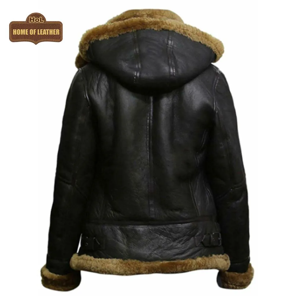 F011 Women Aviator Hooded B3 Bomber Fur Shearling Real Sheepskin Leather Jacket