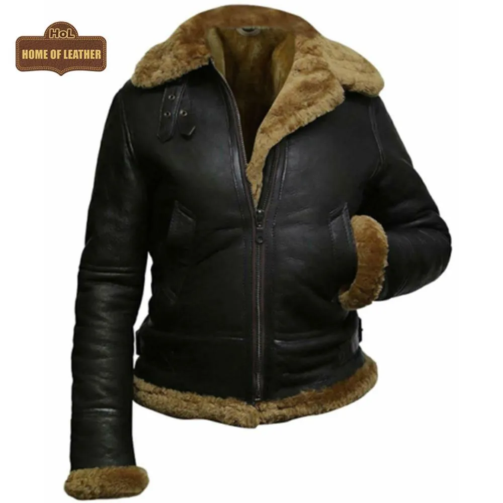 F011 Women Aviator Hooded B3 Bomber Fur Shearling Real Sheepskin Leather Jacket