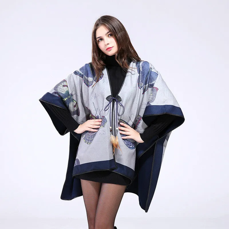 Fashion Butterfly Print Winter Poncho For Women