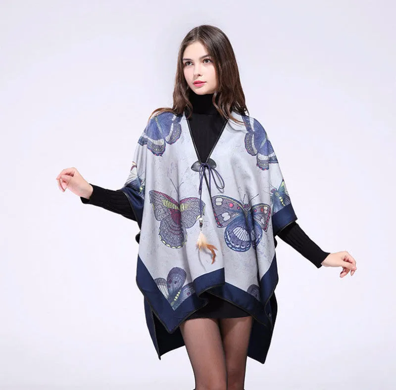 Fashion Butterfly Print Winter Poncho For Women