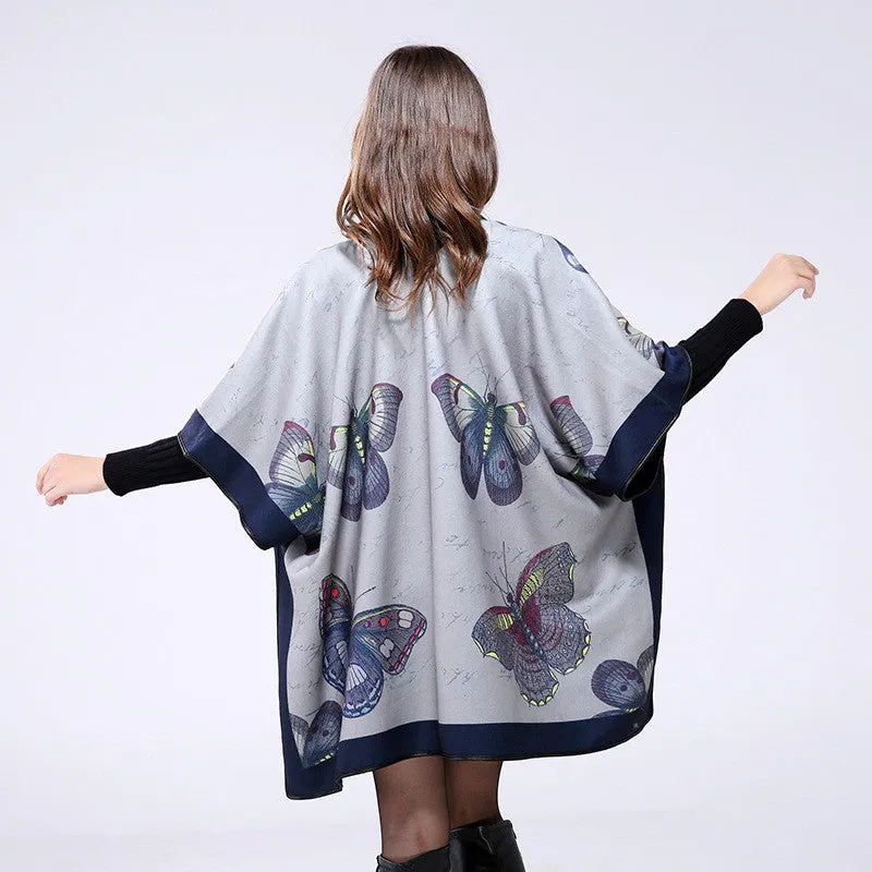 Fashion Butterfly Print Winter Poncho For Women
