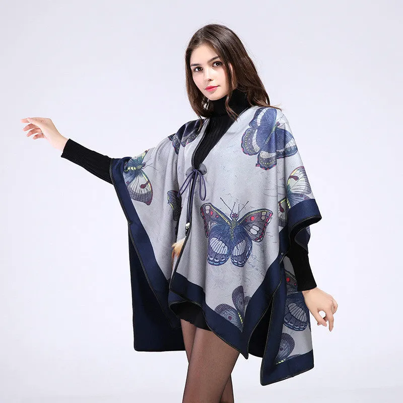Fashion Butterfly Print Winter Poncho For Women