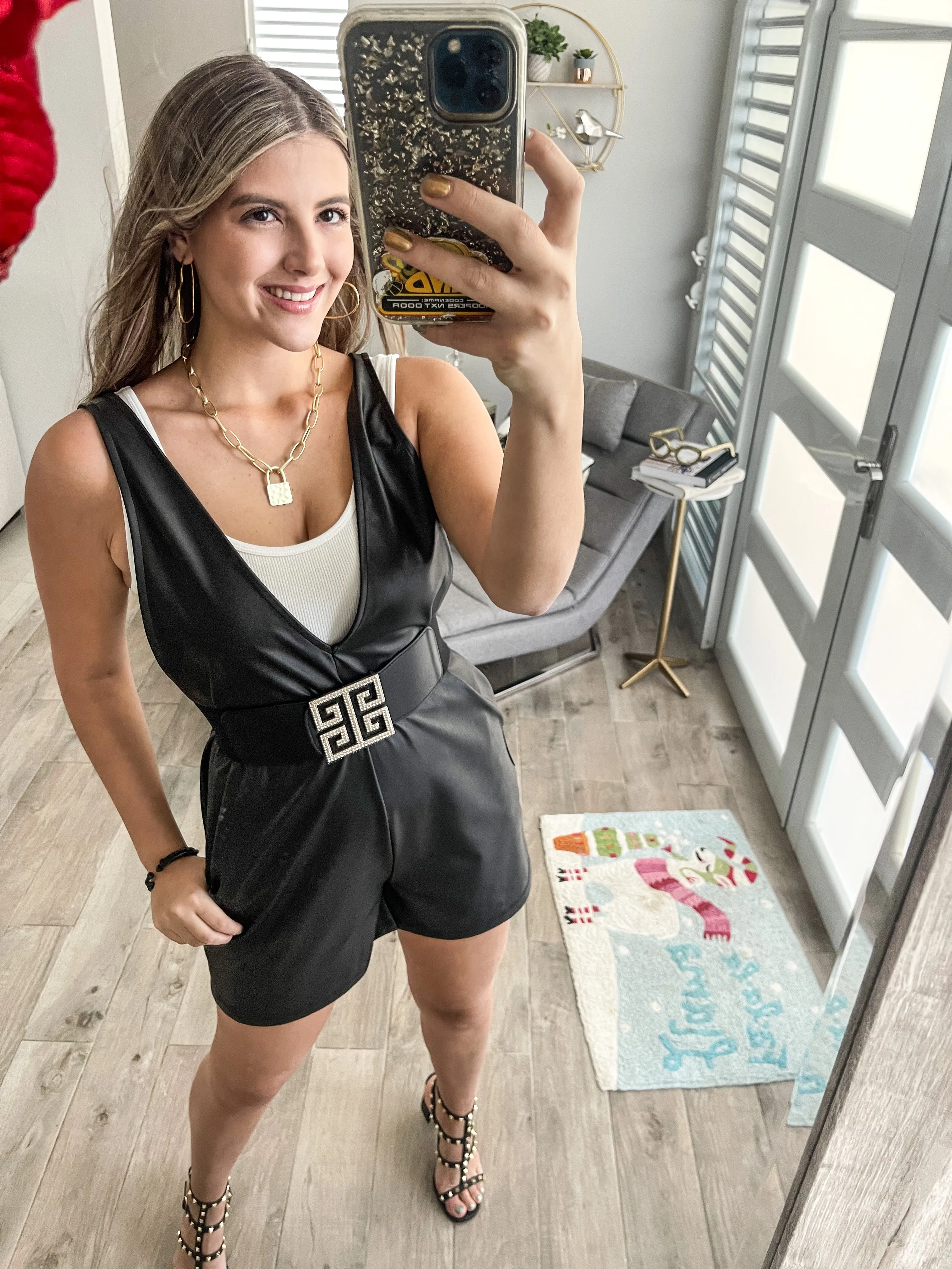 FAUX LEATHER V NECK POCKET ROMPER