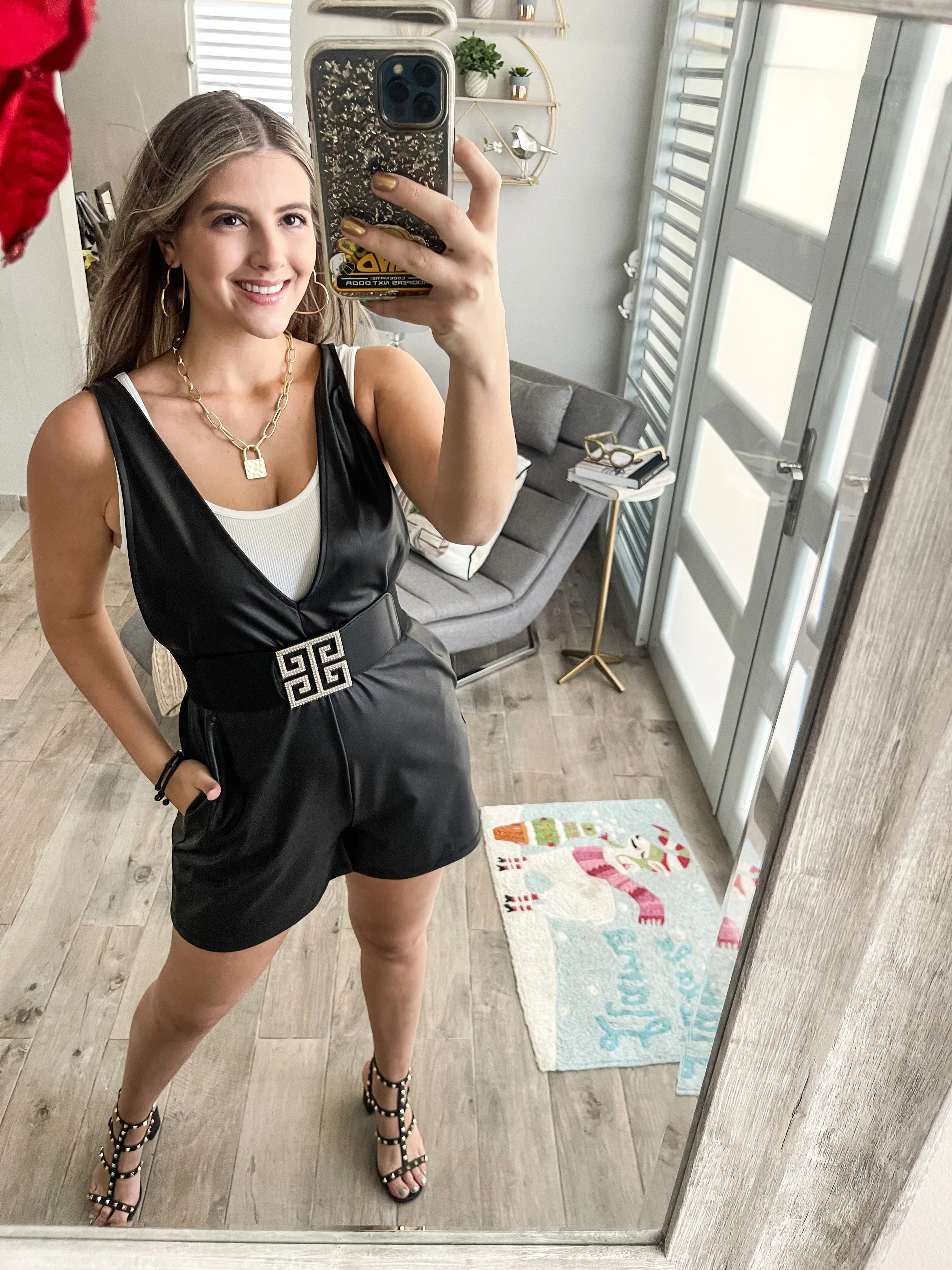FAUX LEATHER V NECK POCKET ROMPER