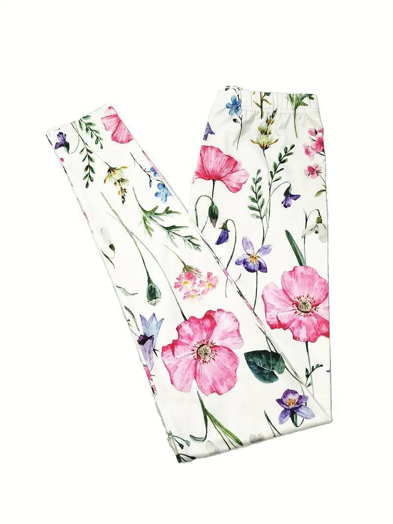 Flower Print Elastic Waist Hip Raise Skinny Casual Leggings