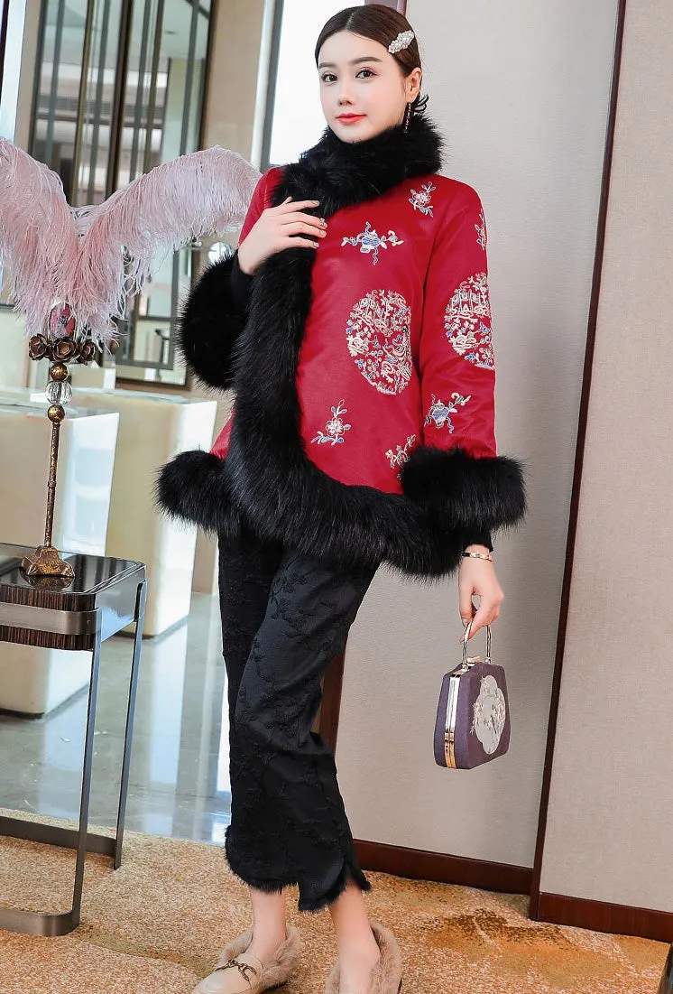 Fur Edge Retro Chinese Style Brocade Wadded Coat Comfort Fit