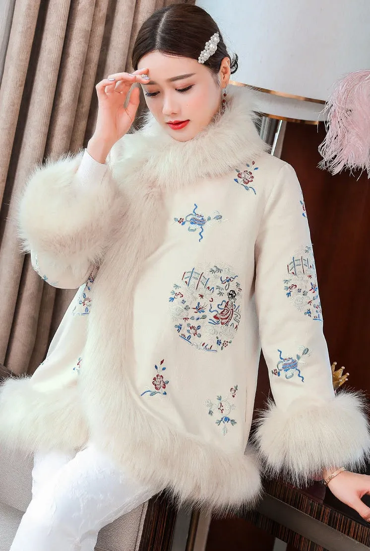 Fur Edge Retro Chinese Style Brocade Wadded Coat Comfort Fit