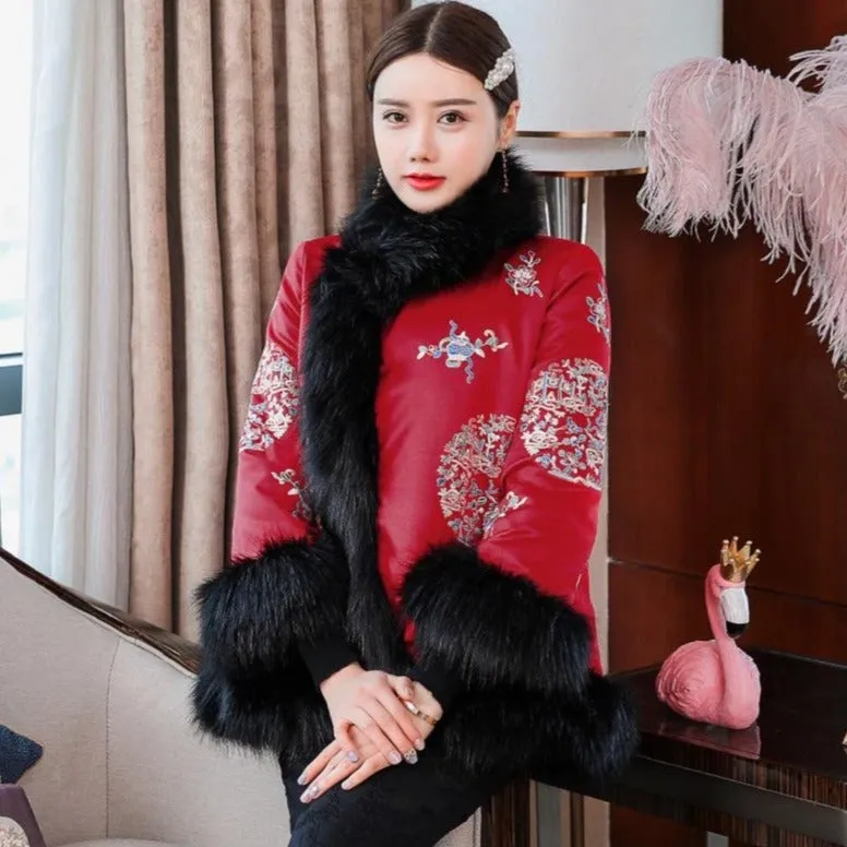 Fur Edge Retro Chinese Style Brocade Wadded Coat Comfort Fit