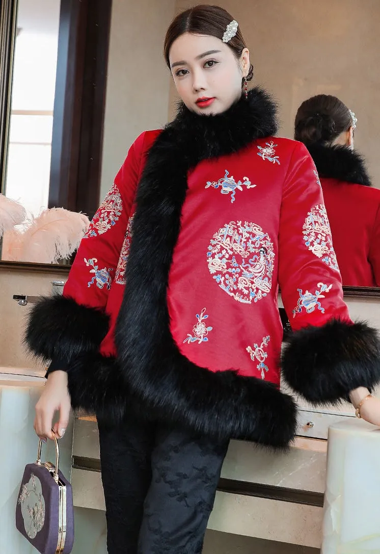 Fur Edge Retro Chinese Style Brocade Wadded Coat Comfort Fit