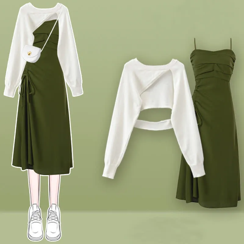 Irregular Hollow Out Sweater Denim Slip Dress
