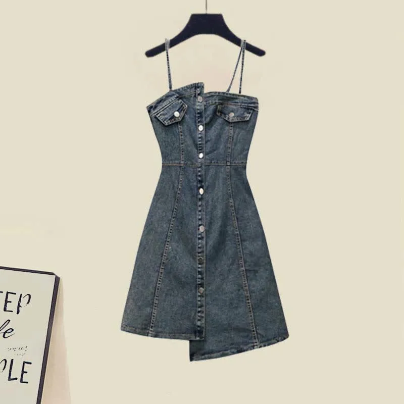 Irregular Hollow Out Sweater Denim Slip Dress