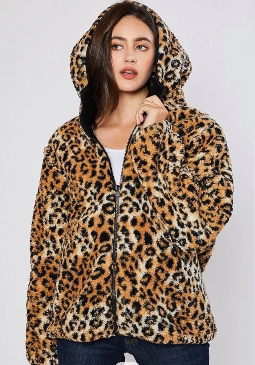 Leopard/Black Reversible Sherpa/Fleece Jacket - Women's