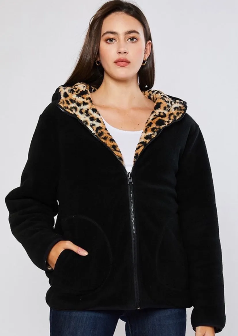 Leopard/Black Reversible Sherpa/Fleece Jacket - Women's