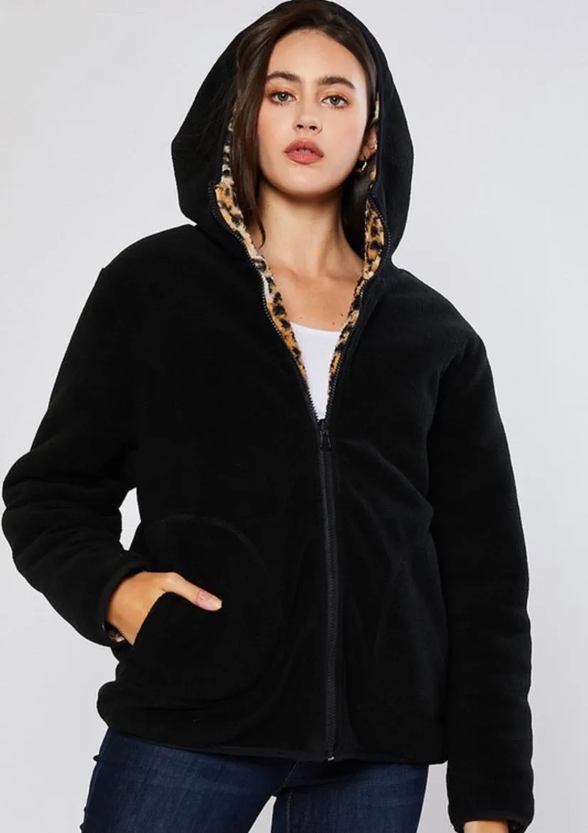 Leopard/Black Reversible Sherpa/Fleece Jacket - Women's